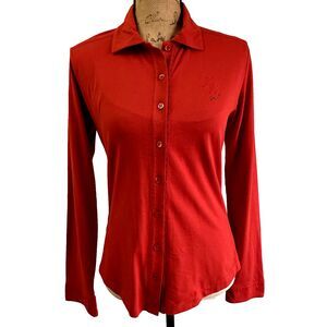 LES COPAINS Womens Red Shirt SZ 42/6 Cotton Knit Long Sleeve Button Up Lace Trim